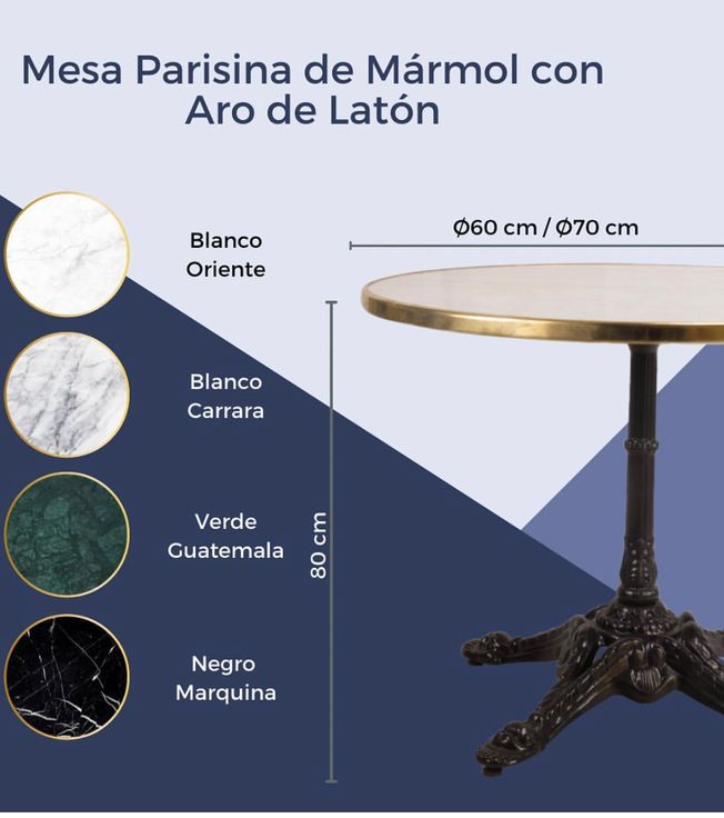 mesa de mármol redonda color blanco con beta y canto oro con pie parís